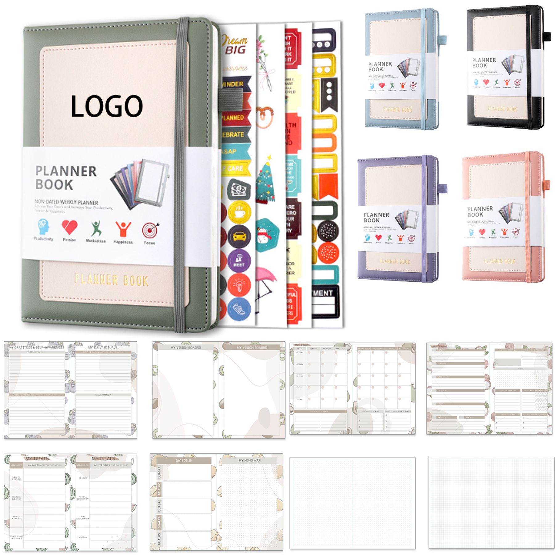 green notebook with page layout